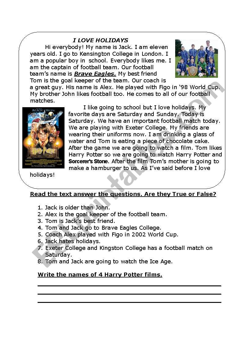 Football- reading exercise worksheet