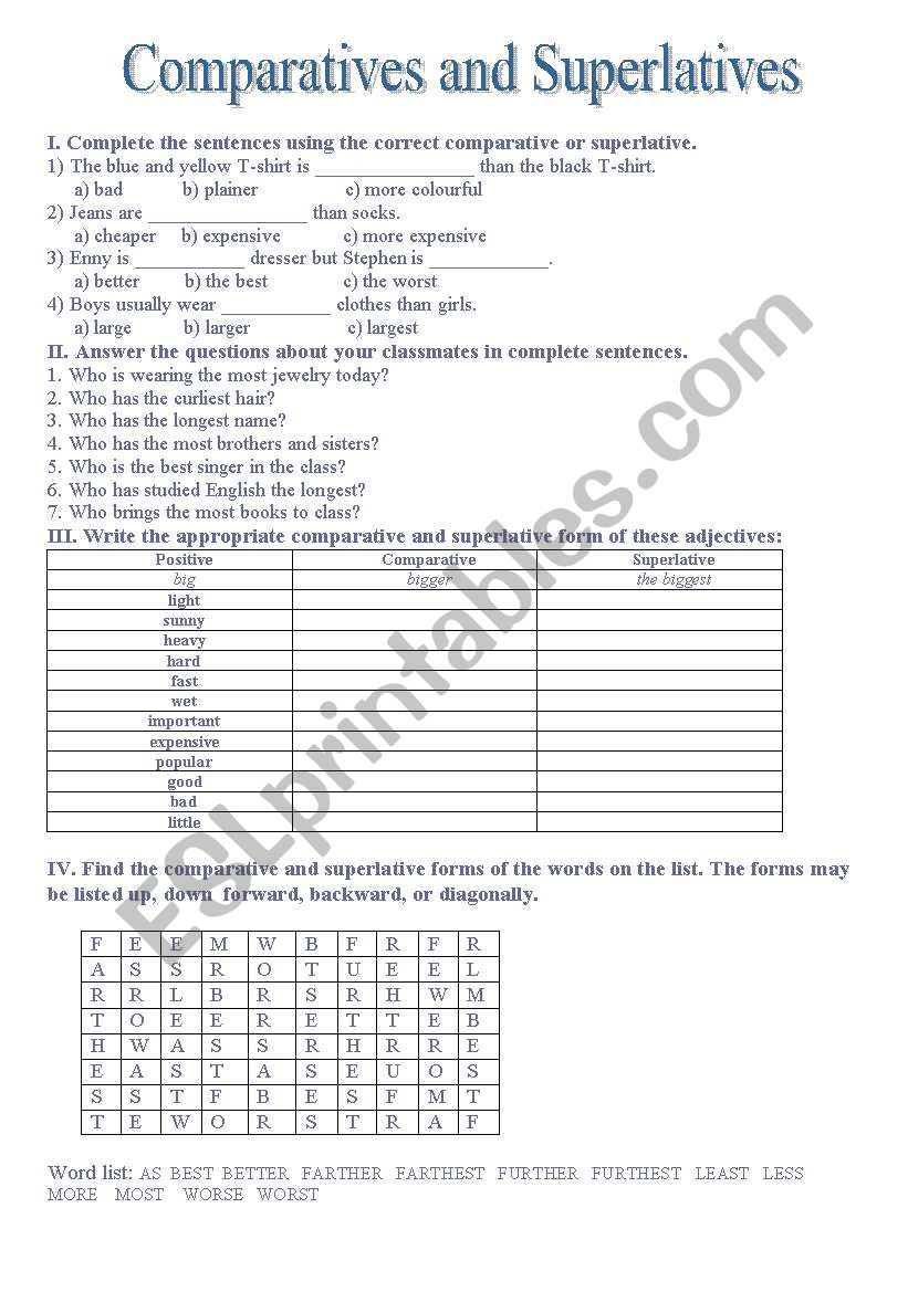 Comparatives and Superlatives worksheet