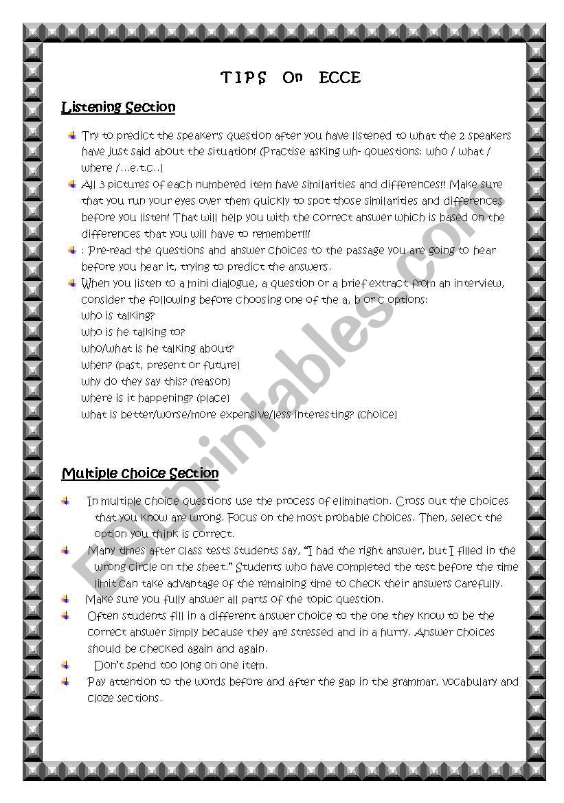 Tips on ECCE exams worksheet