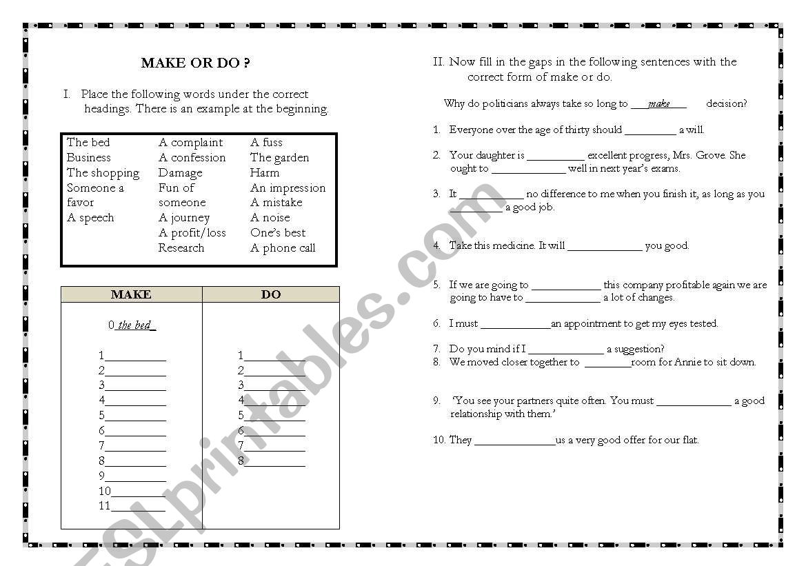 Make and Do fill in the gaps  worksheet