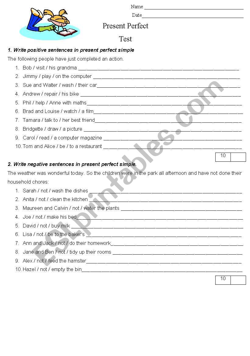 Present Perfect Test worksheet