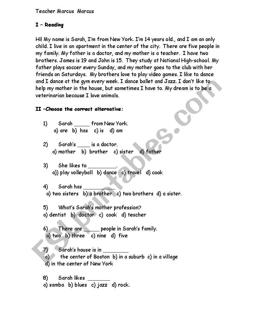 Reading comprehension  worksheet