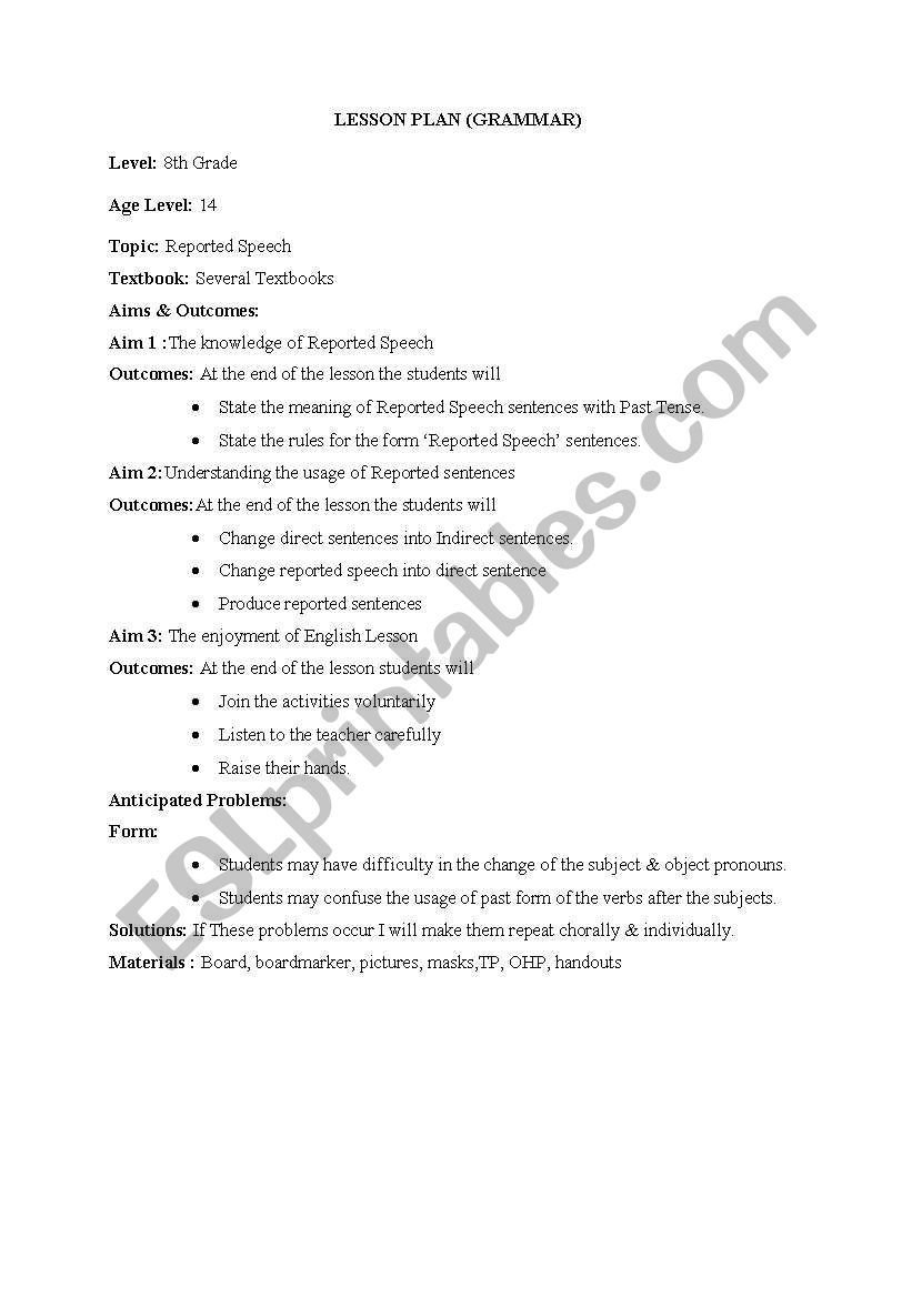 reported  speech with past  worksheet
