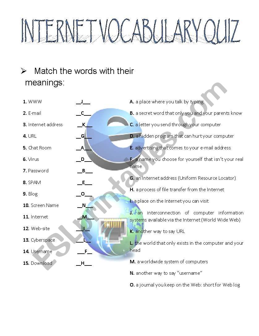 Internet vocabulary worksheet