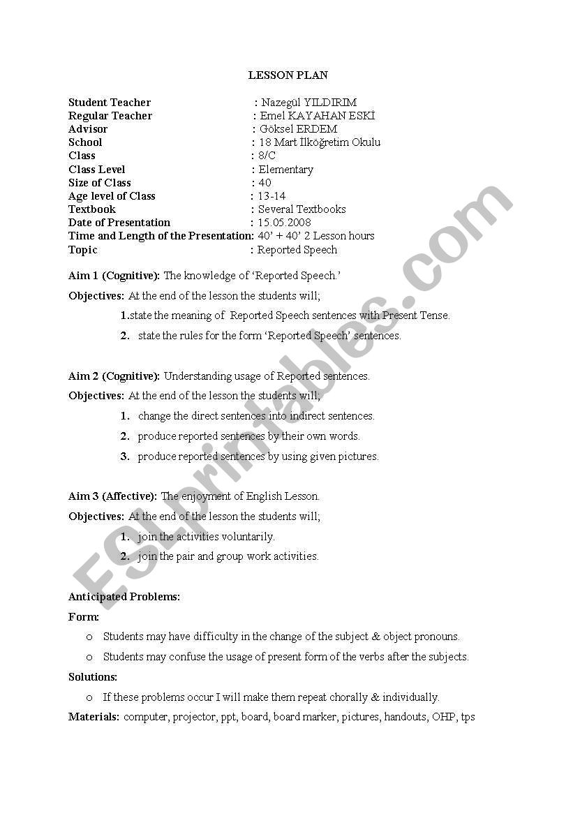 reported speech with present  worksheet