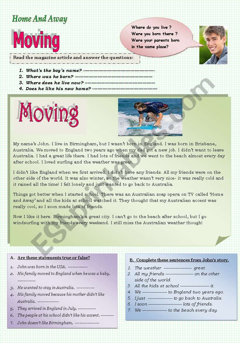 Home and away, Moving! worksheet