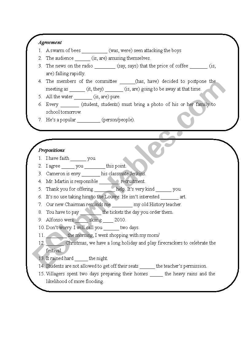 Agreement and Prepositions (with Keys)