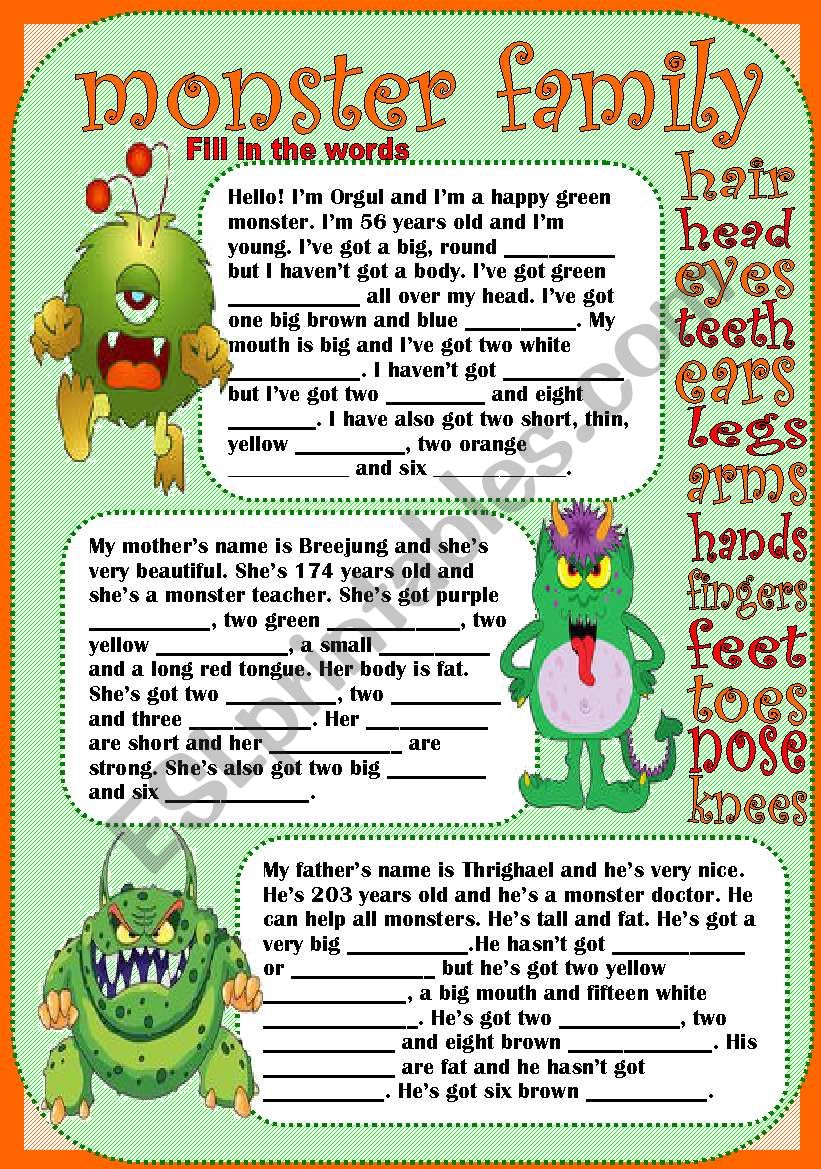monster family worksheet