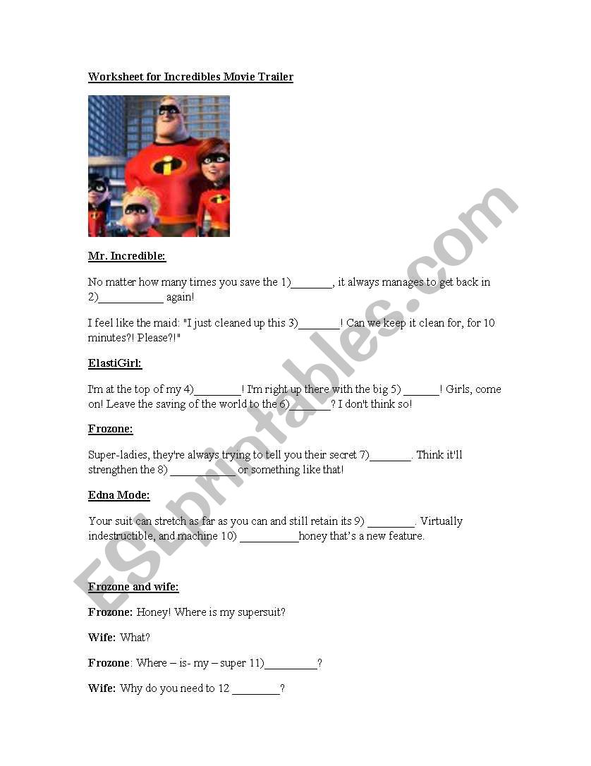 Worksheet for trailer of the Incredibles movie 