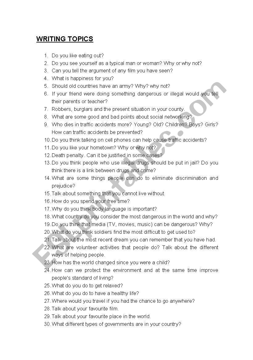 Writing topics worksheet