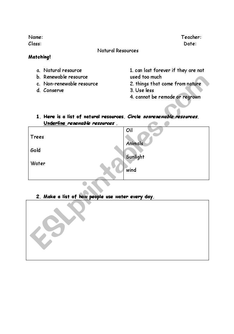 Resources and Conservation worksheet