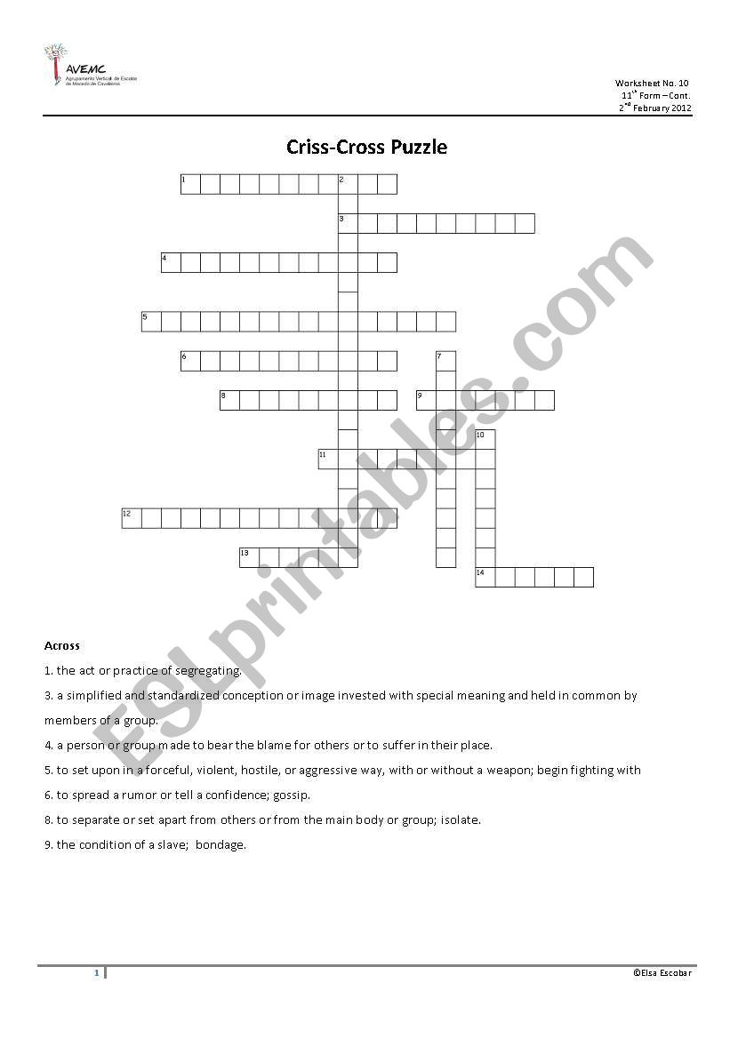 Vocabulary  Criss-Cross Puzzle