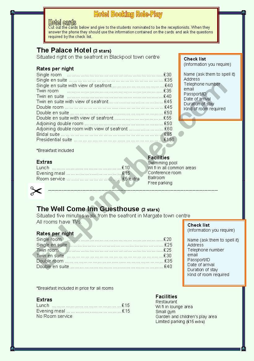 Hotel Reservation Role Play worksheet