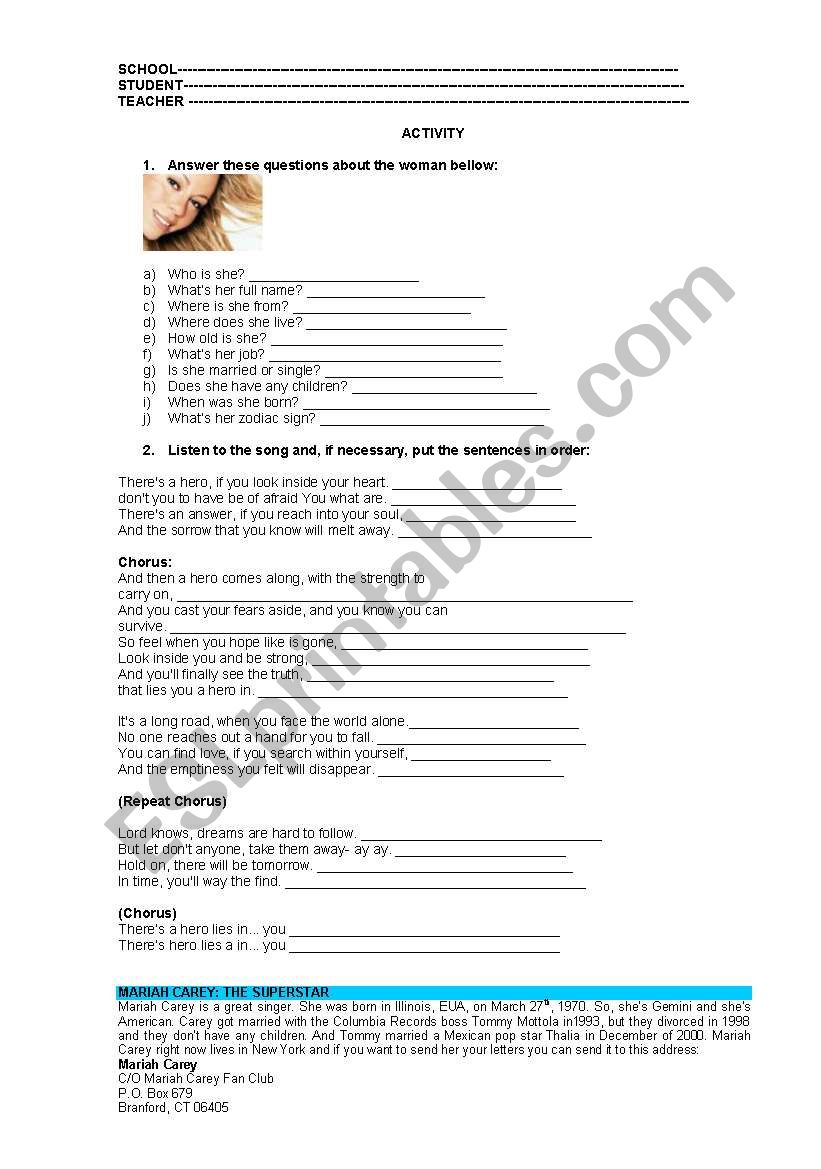Mariah Carey Song Hero worksheet
