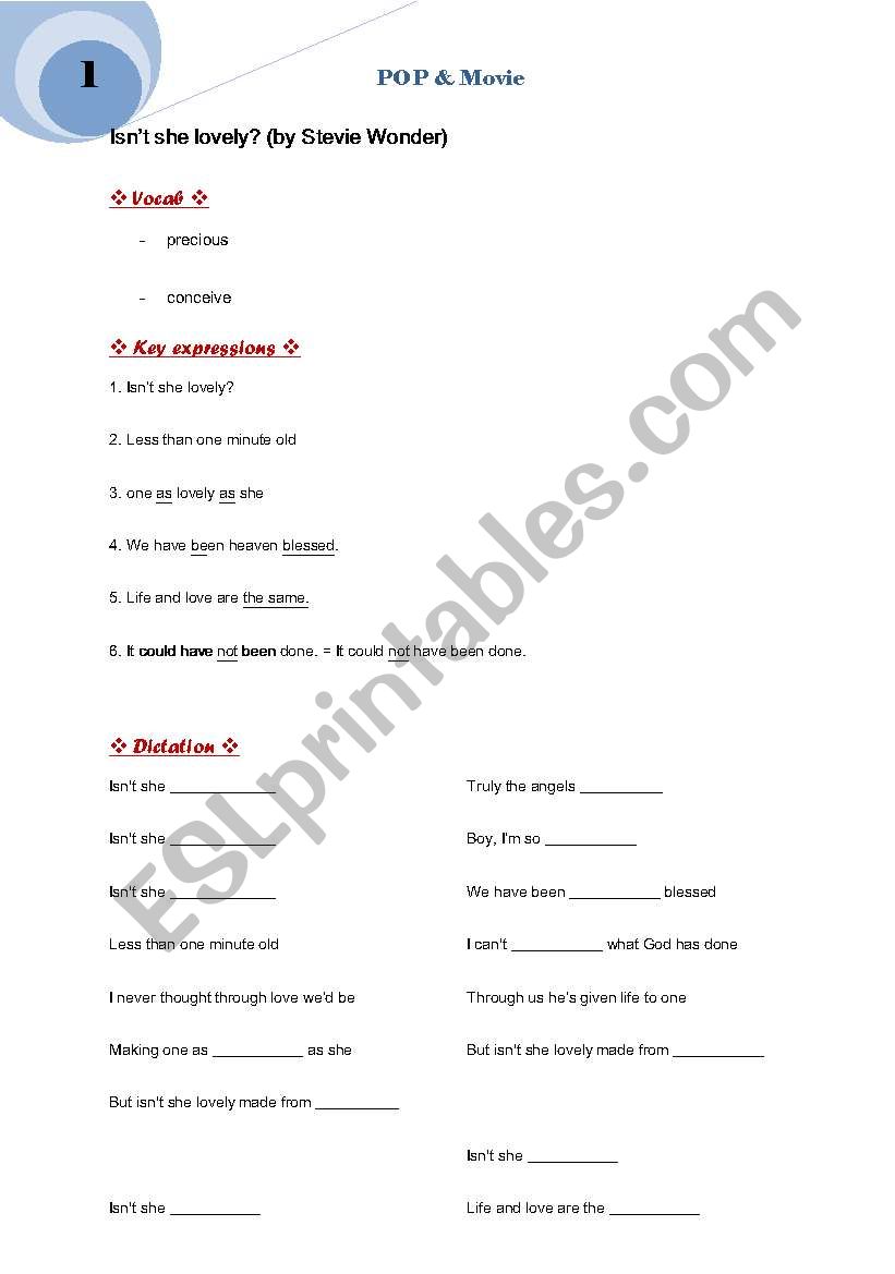 POP Song Worksheet : Isnt she lovely