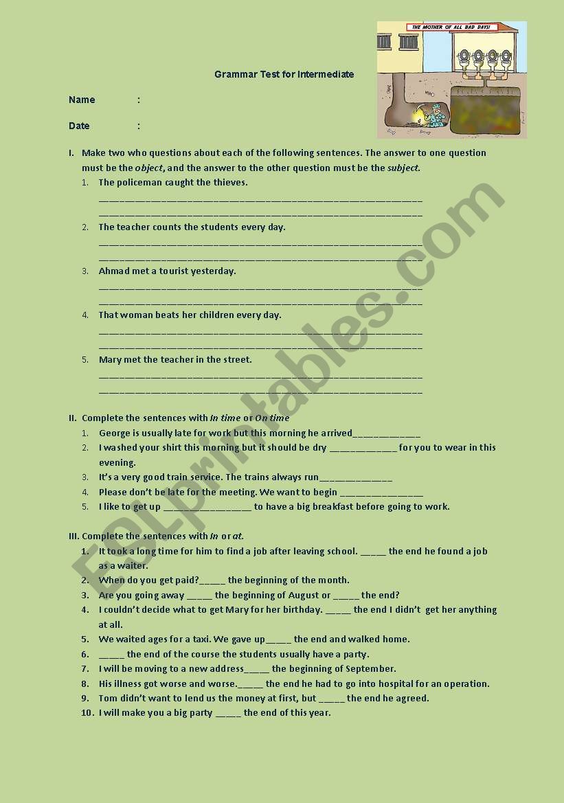 grammar test for intermediate worksheet