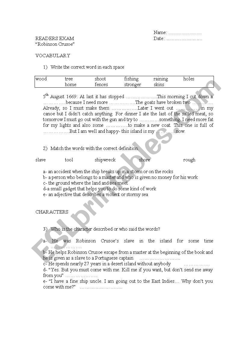 ROBINSON CRUSOE READING TEST worksheet