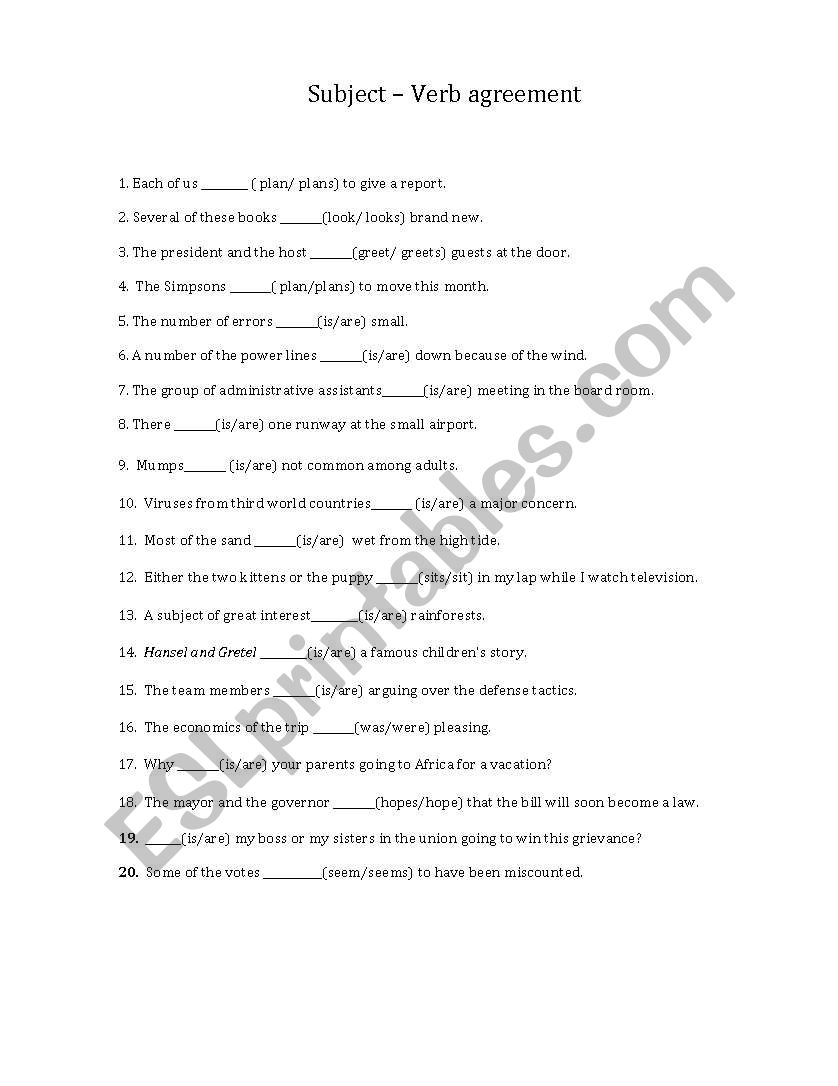 Subject verb agreement exercises