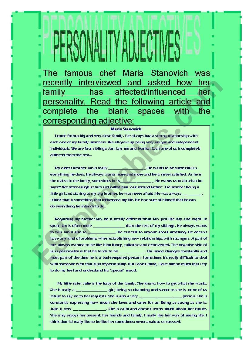 Personality adjectives worksheet