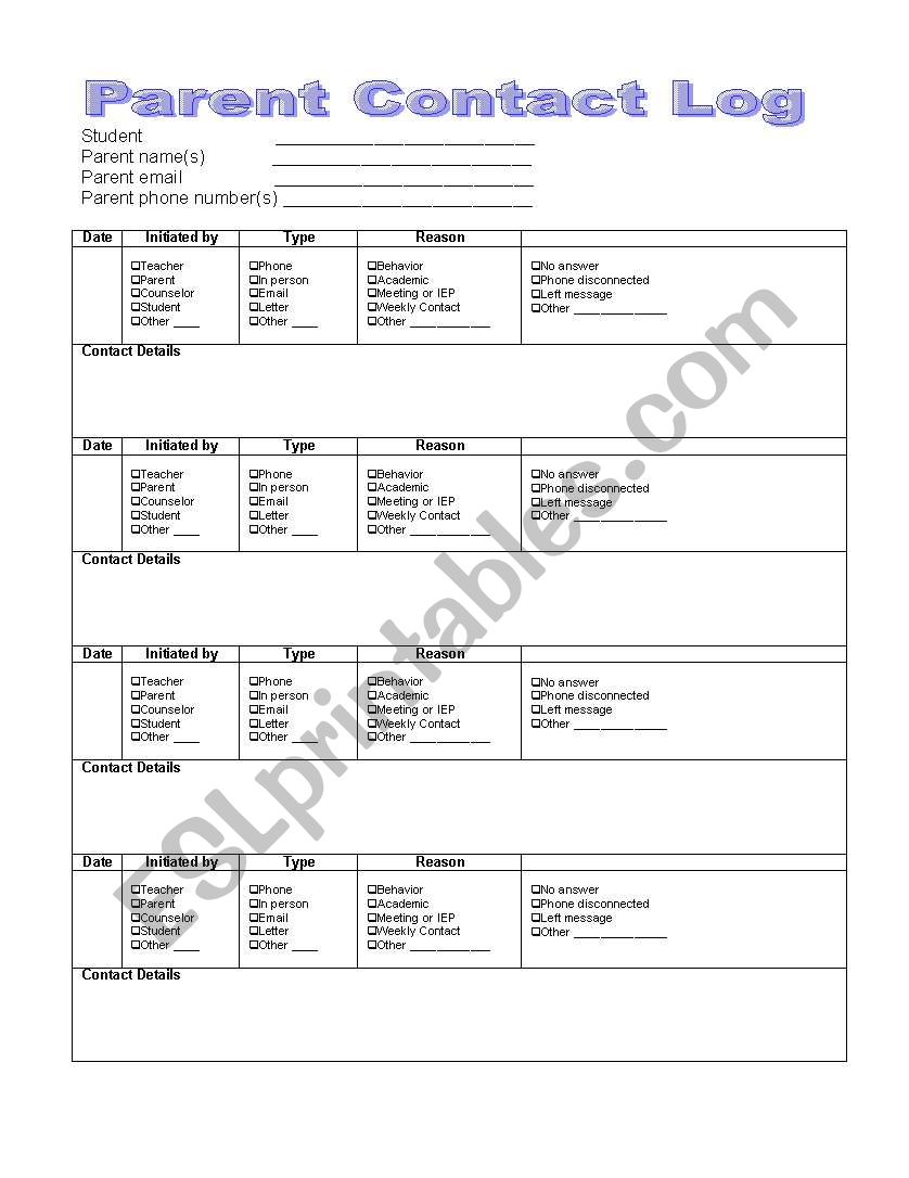 Parent Contact Log worksheet