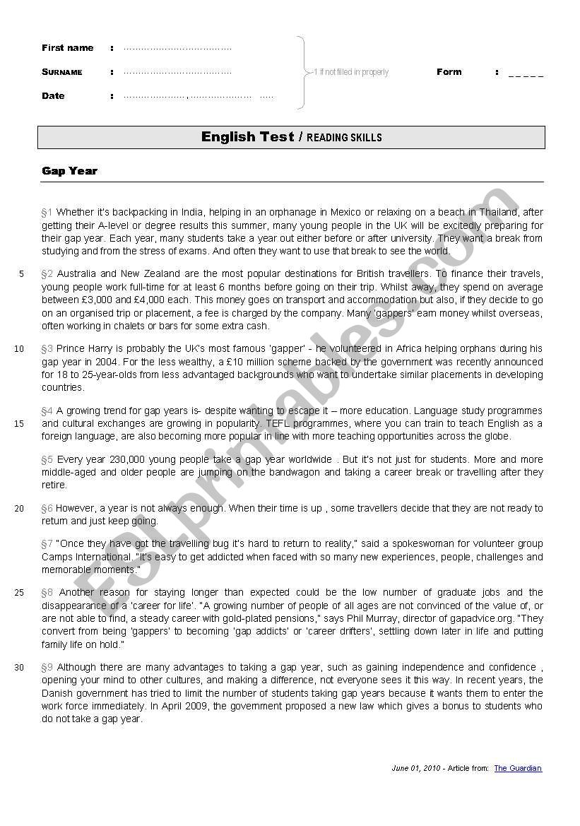 Gap Year worksheet