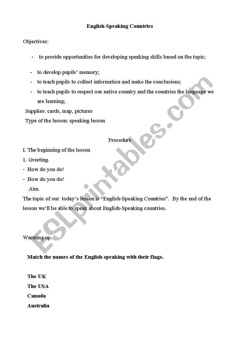 English-speaking countries worksheet