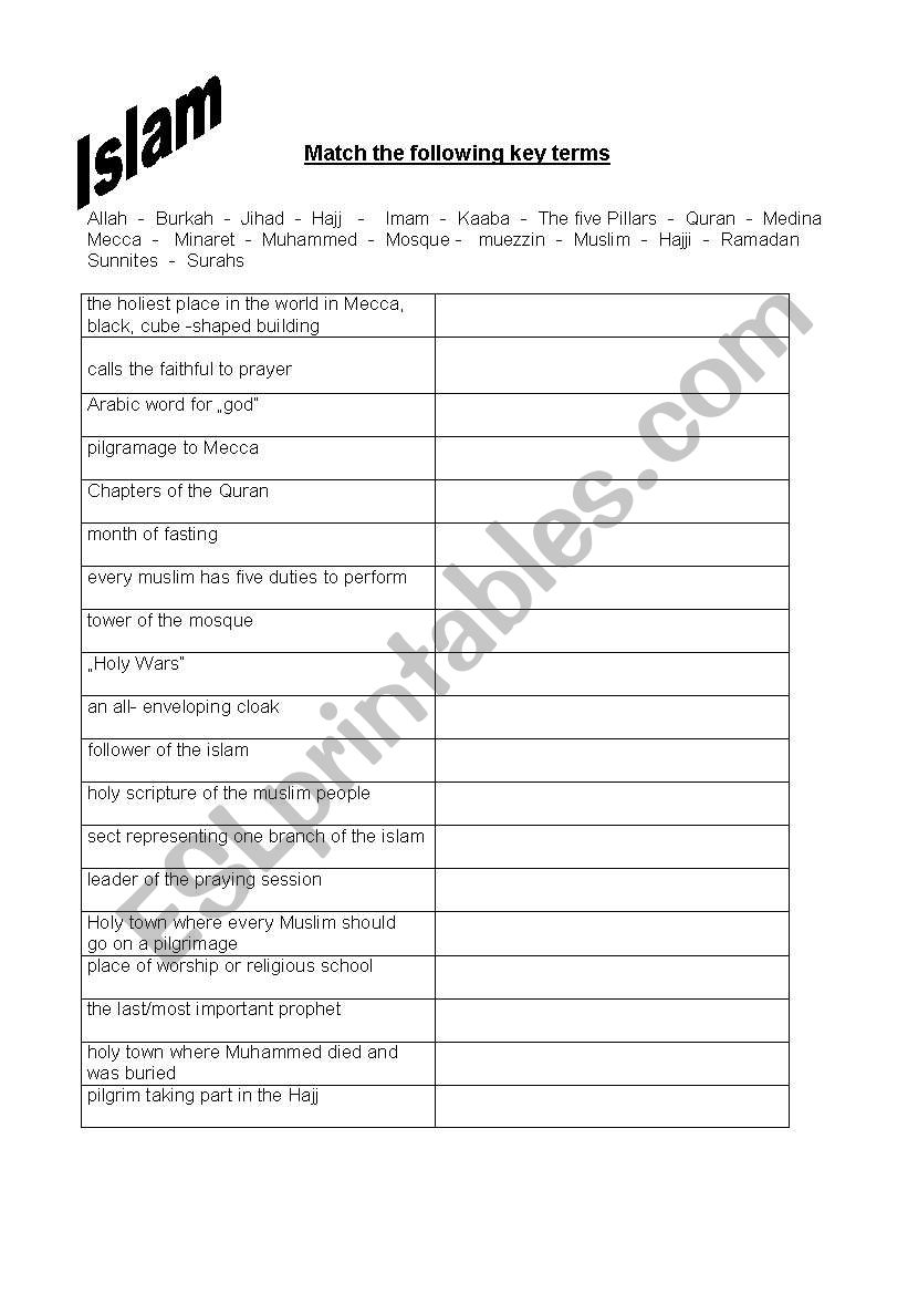 Islam - key terms worksheet