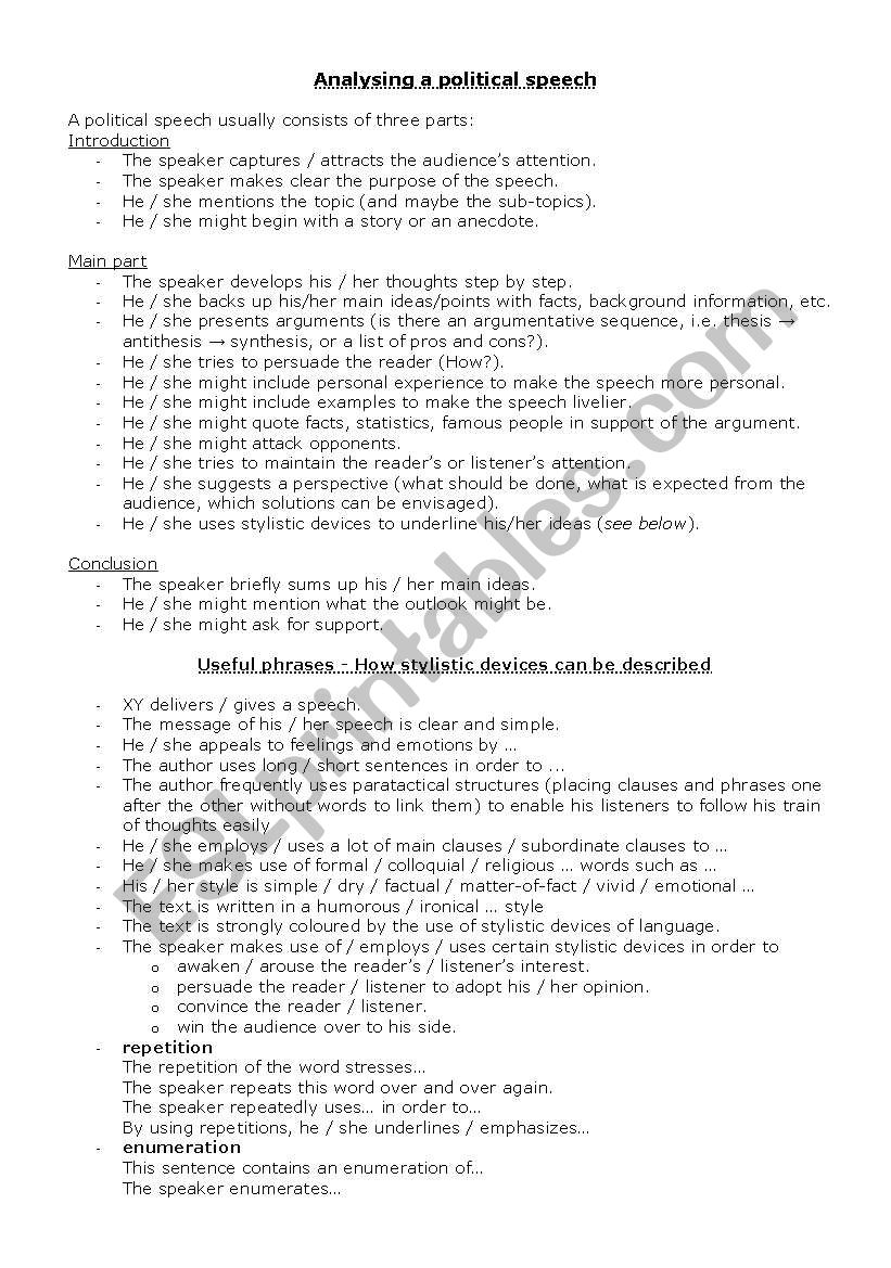 Analysing a political speech worksheet