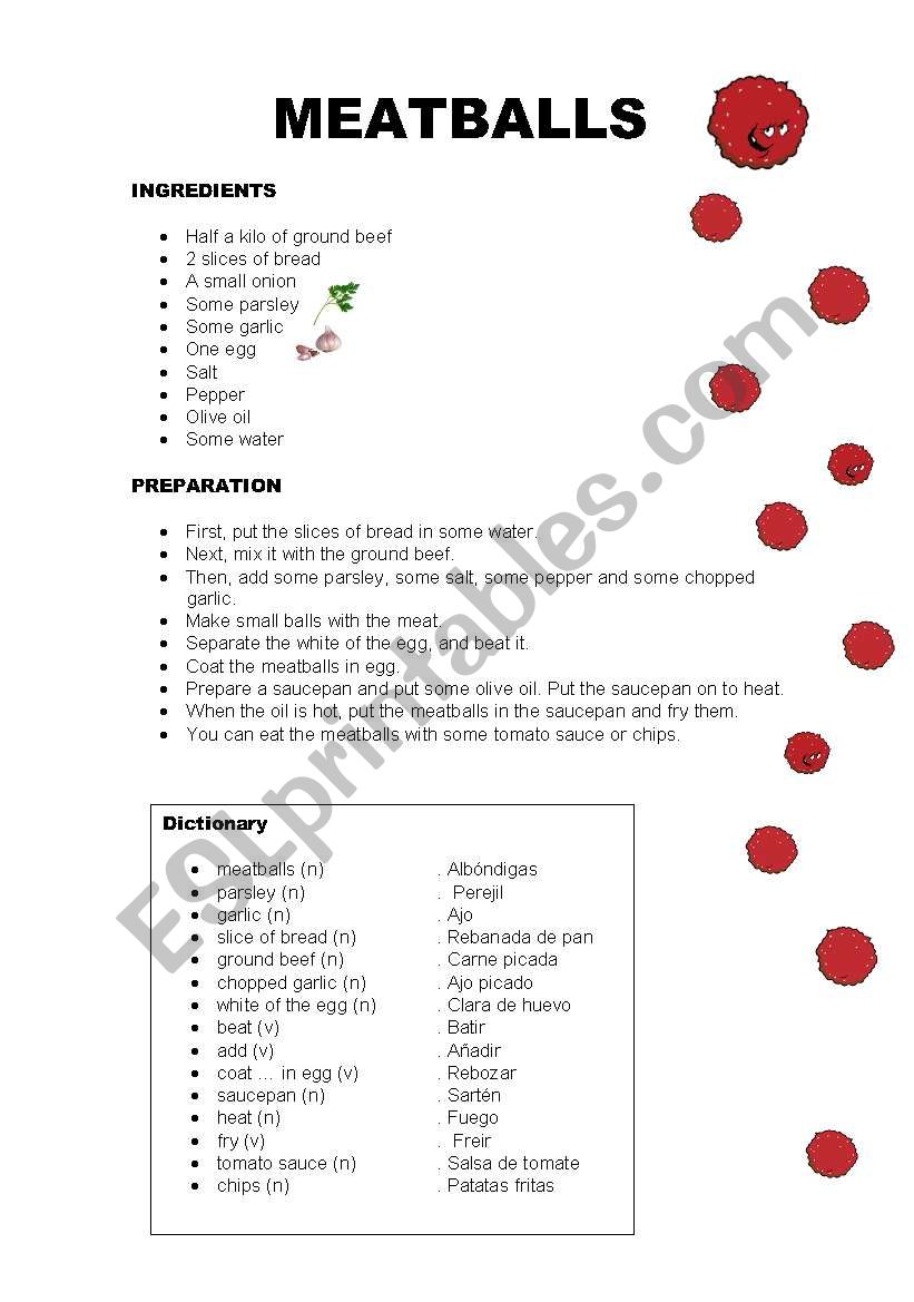 MEATBALLS RECIPE worksheet