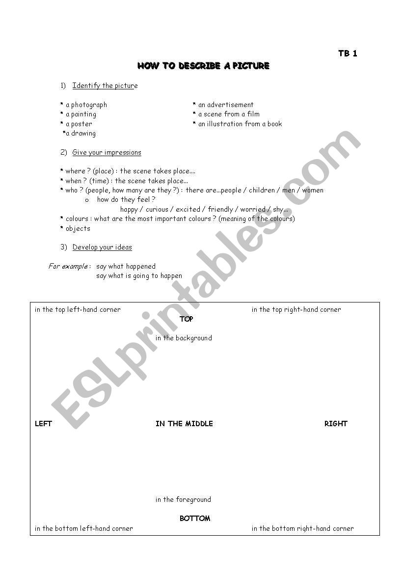 How to describe a picture worksheet