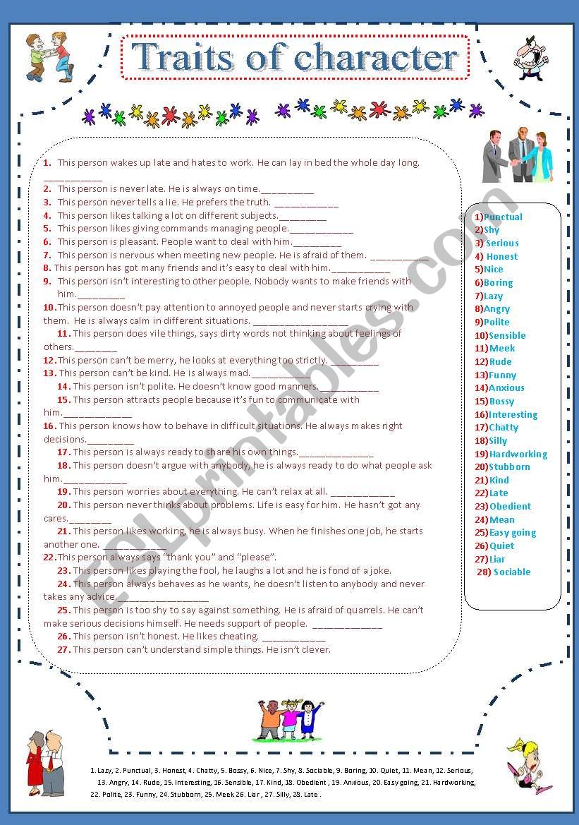 Traits of character  worksheet