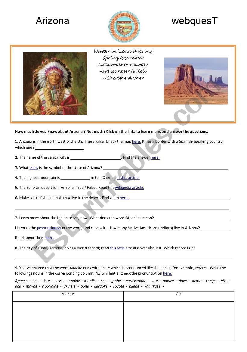 Arizona Webquest worksheet