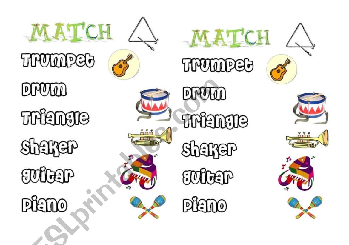 Musical instruments Match worksheet