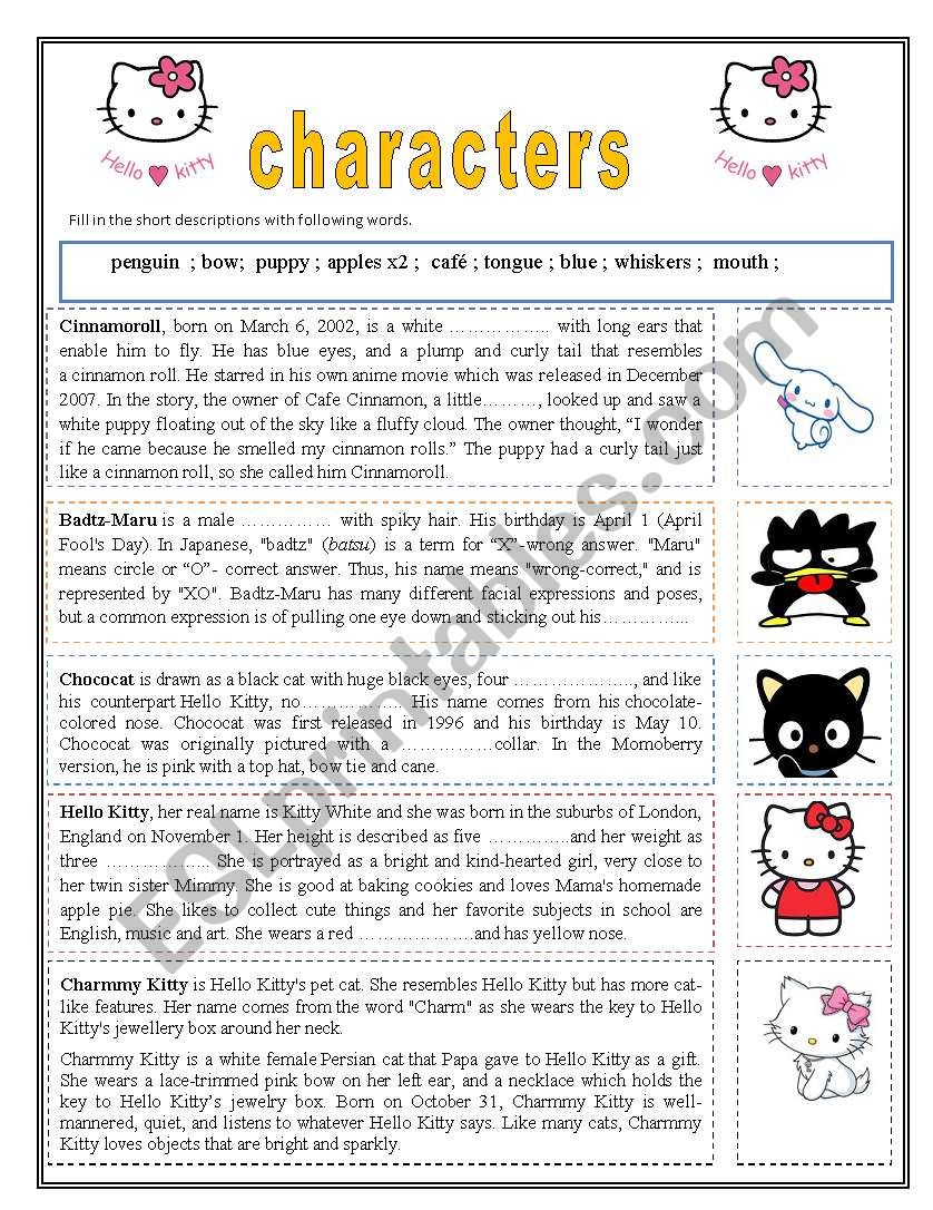 Hello Kitty characters - gap filling task