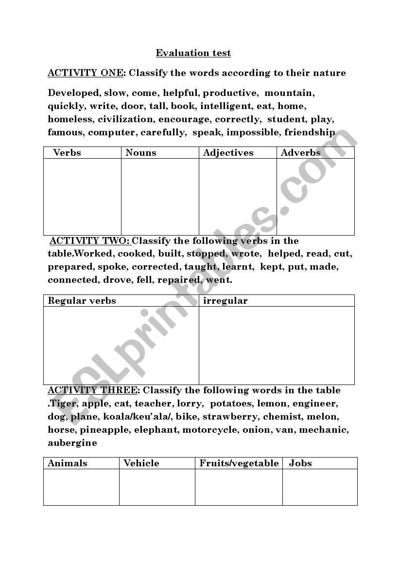 evaluation test worksheet