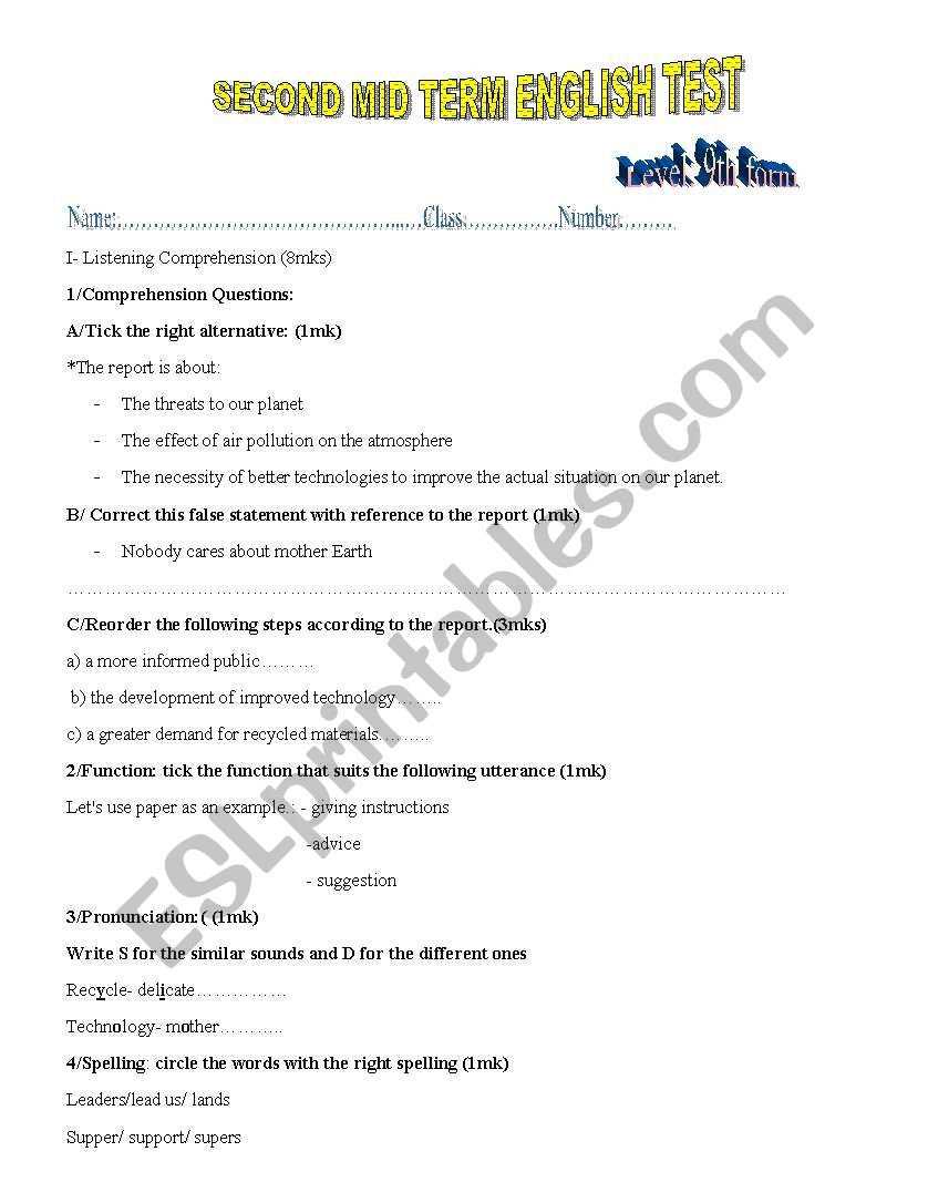 Environment  2nd mid- term test  for 9th formers 