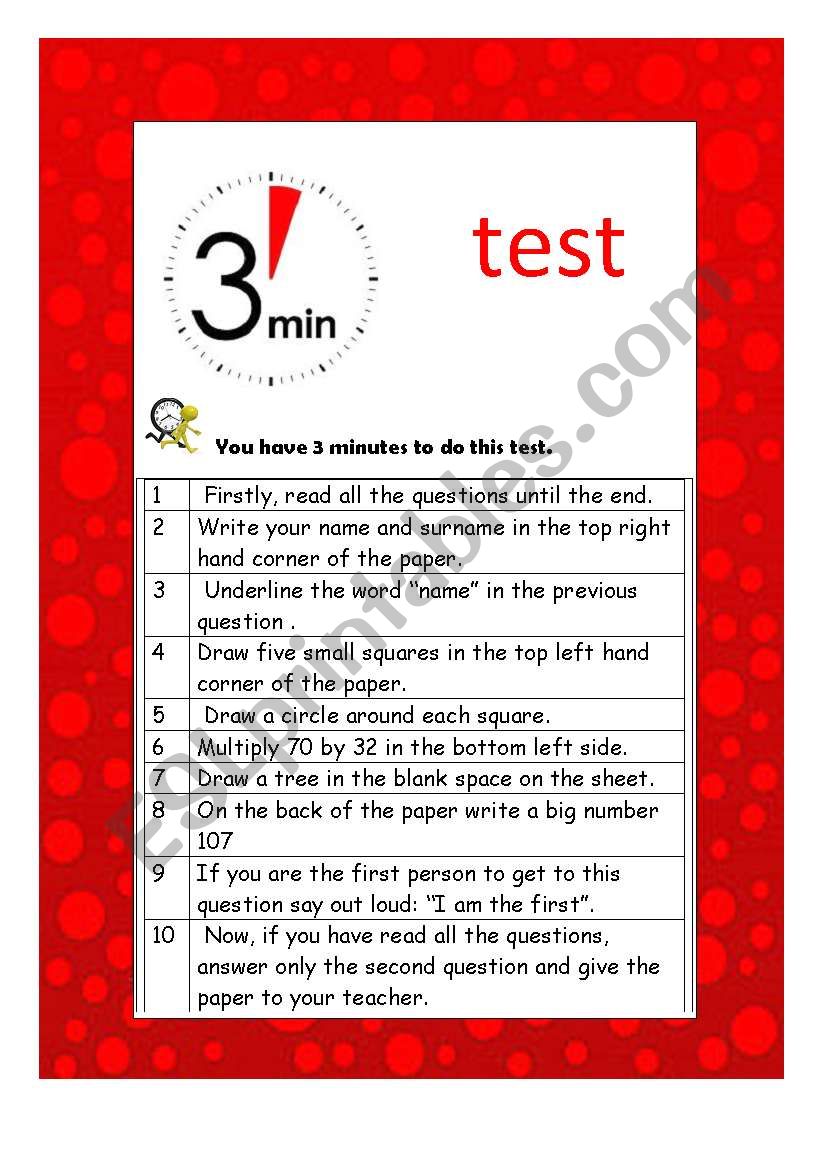 3 MINUTES TEST worksheet