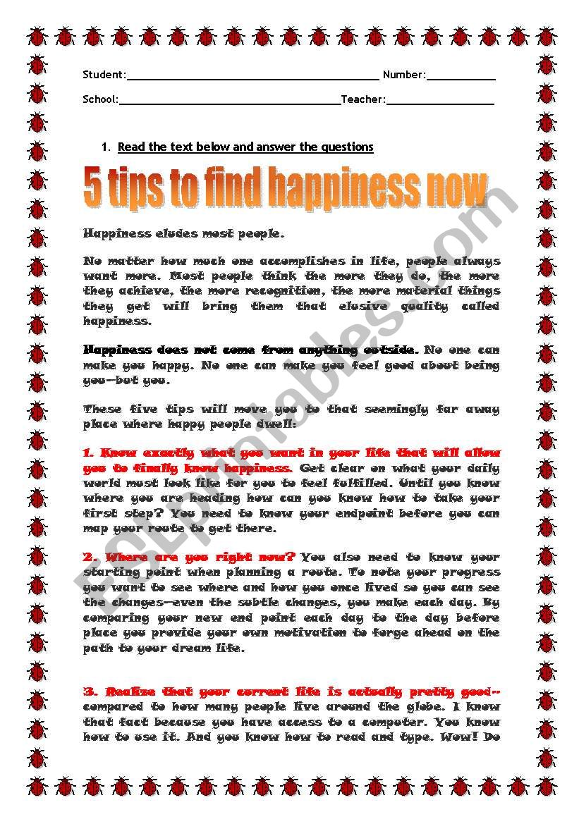 5 tips to find happiness worksheet
