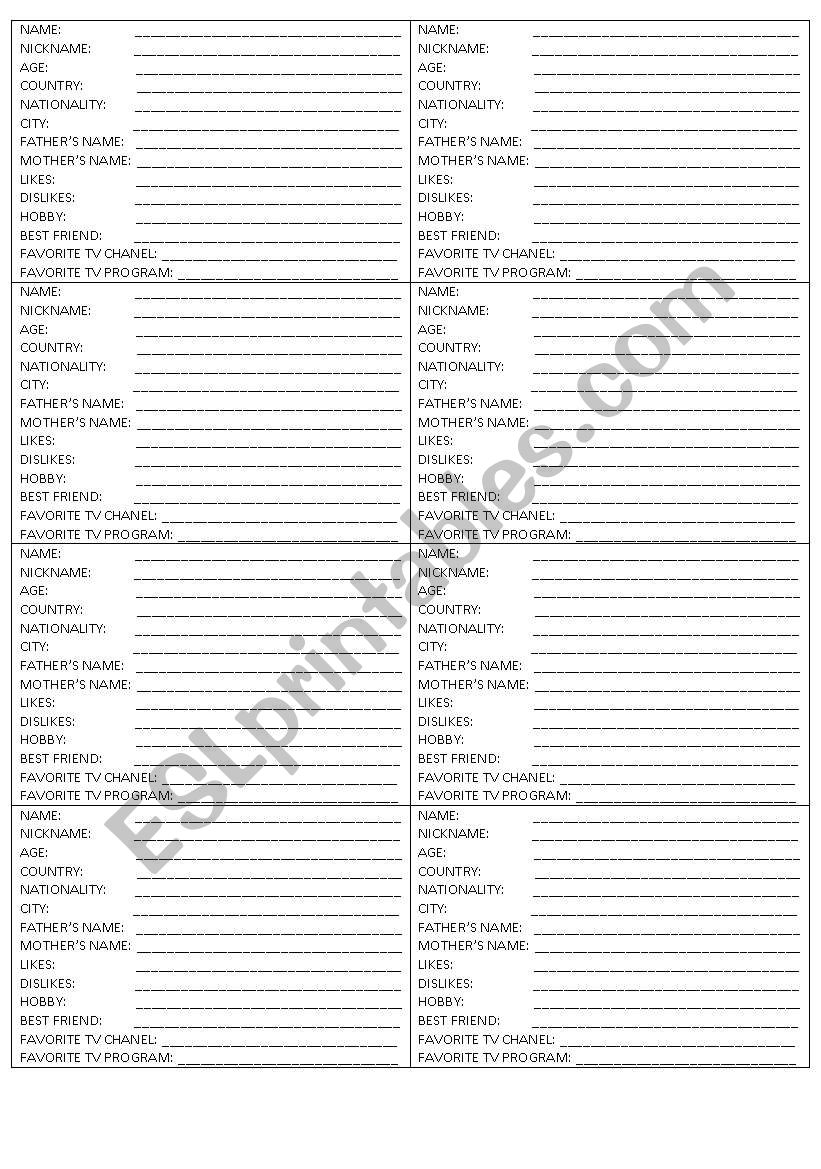 INFORMATION CARDS COMMUNICATIVE ACTIVITY FOR ELEMENTARY CLASSES