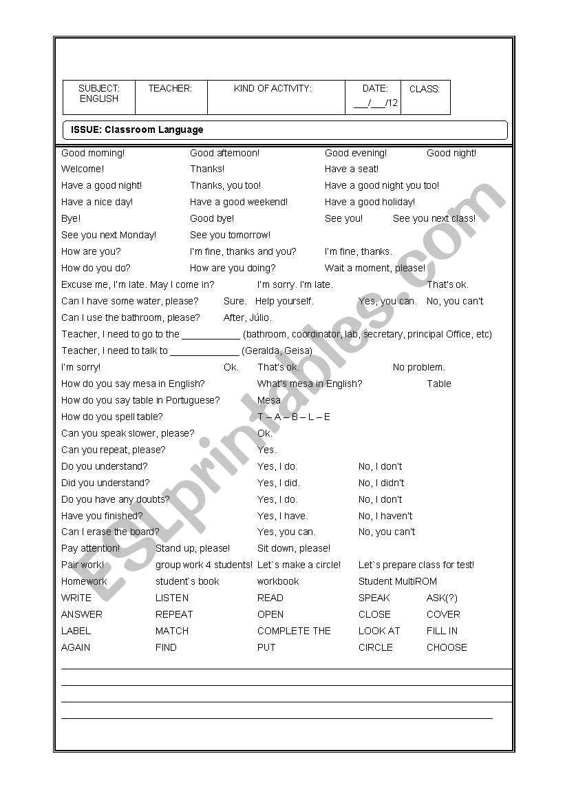 CLASSROOM LANGUAGE worksheet