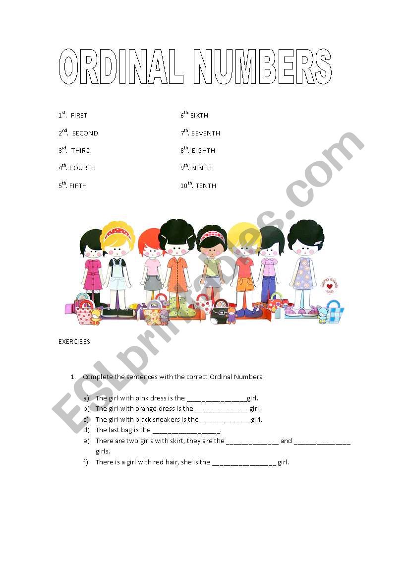 Ordinal Numbers - Exercises worksheet