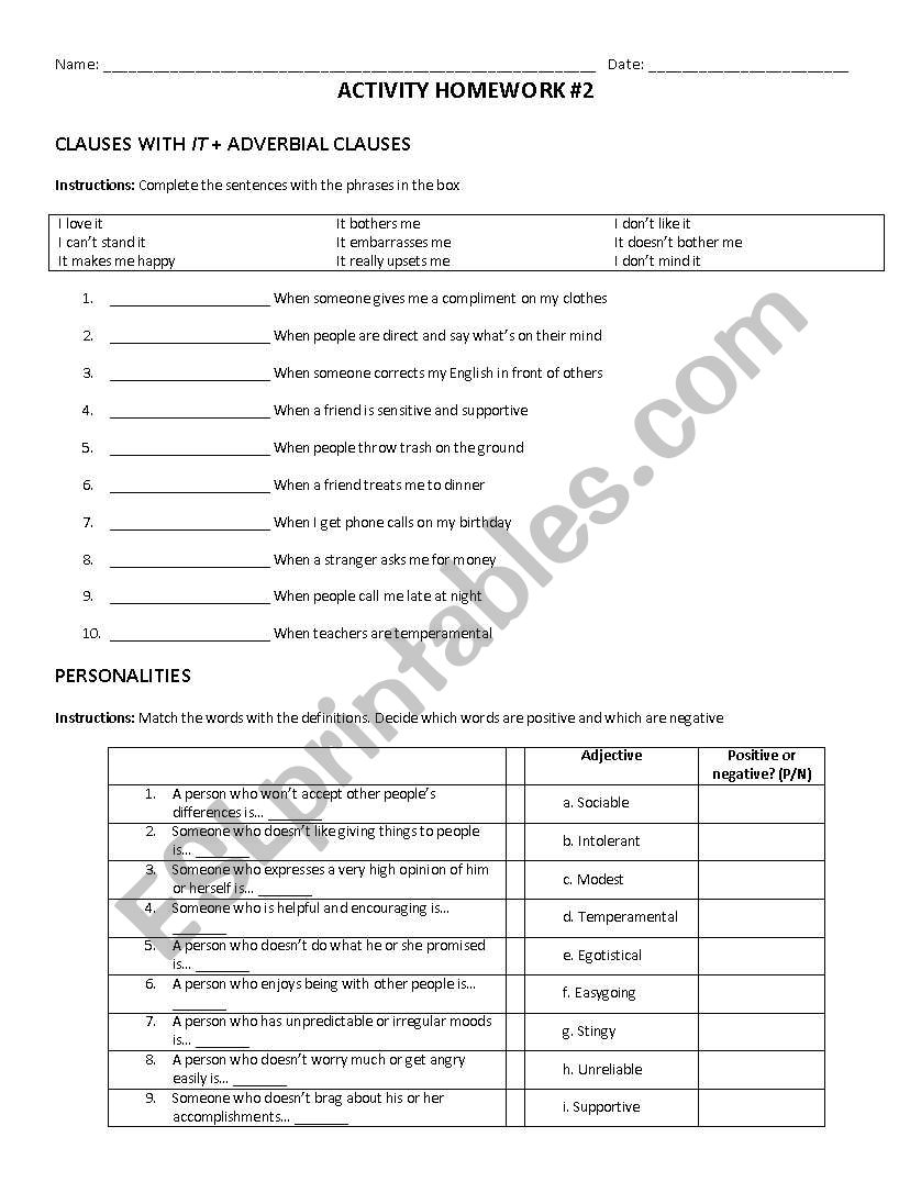 Clauses with it and adverbial clauses. Personality types vocabulary