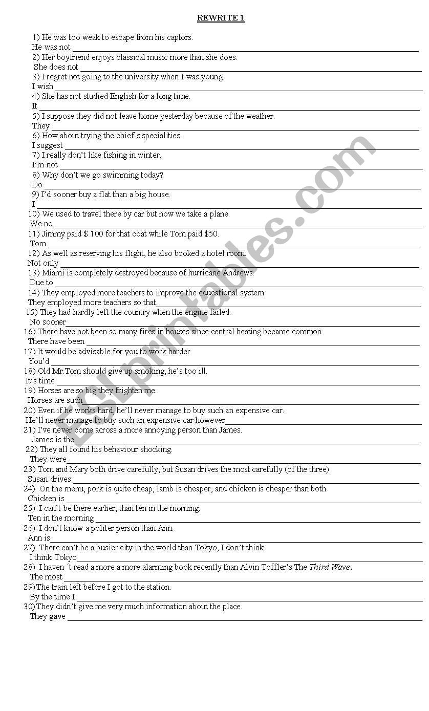 advanced re write exercise worksheet