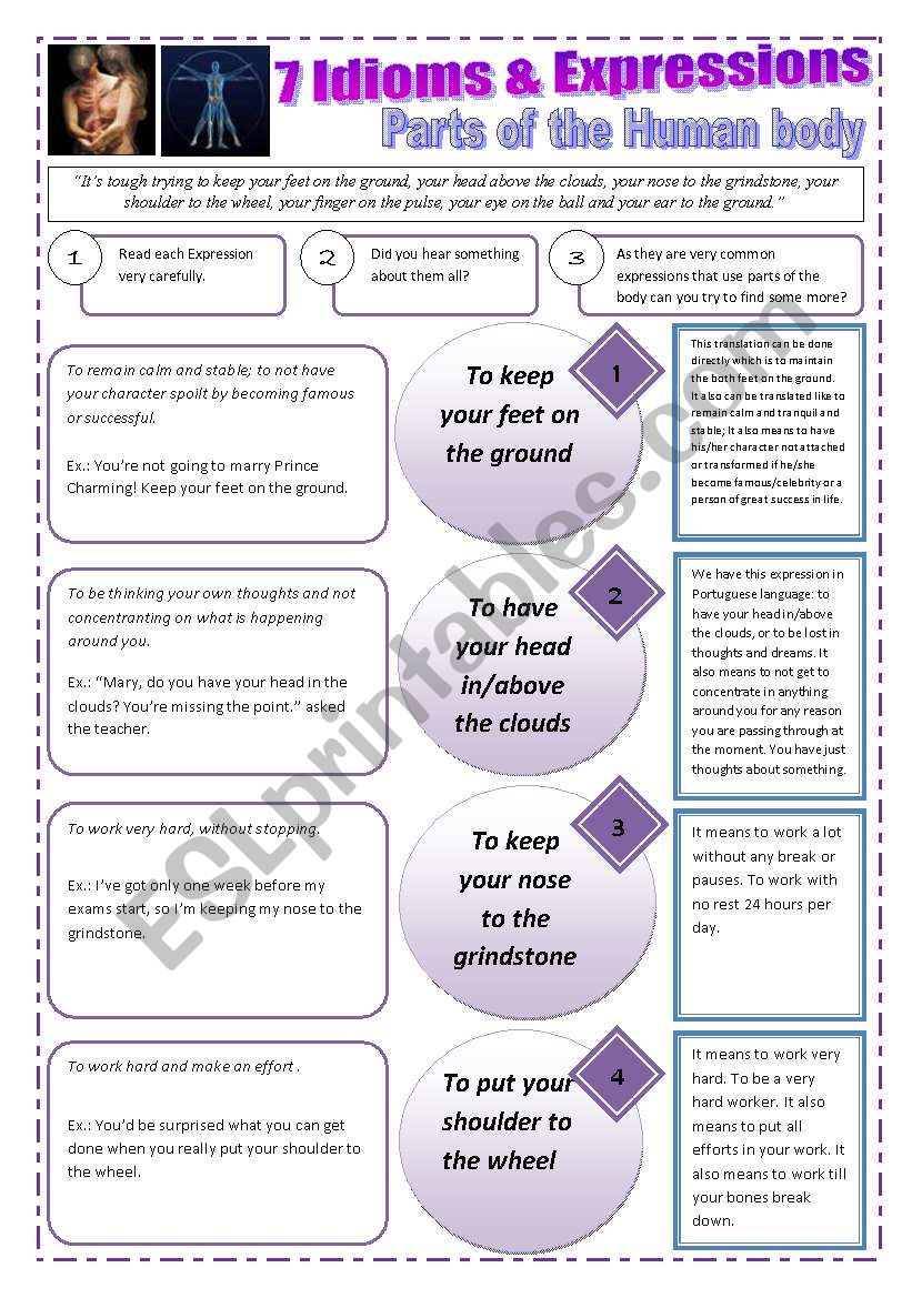 7 IDIOMS AND EXPRESSIONS ABOUT PARTS OF THE HUMAN BODY (5 Pages) with reading exercises and instructions