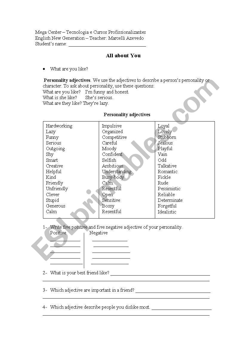 All About You worksheet