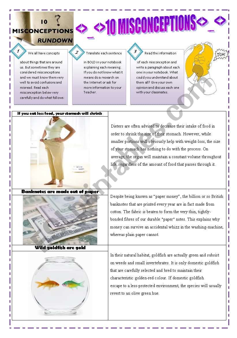 10 MISCONCEPTIONS - READING ACTIVITY (3 Pages) with texts, explanation and exercises to go with them