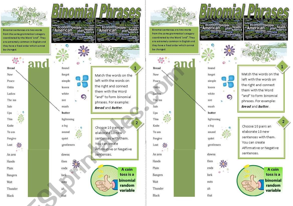 BINOMIAL WORDS - VOCABULARY with reading and writing exercises in one page ready to print + answer keys