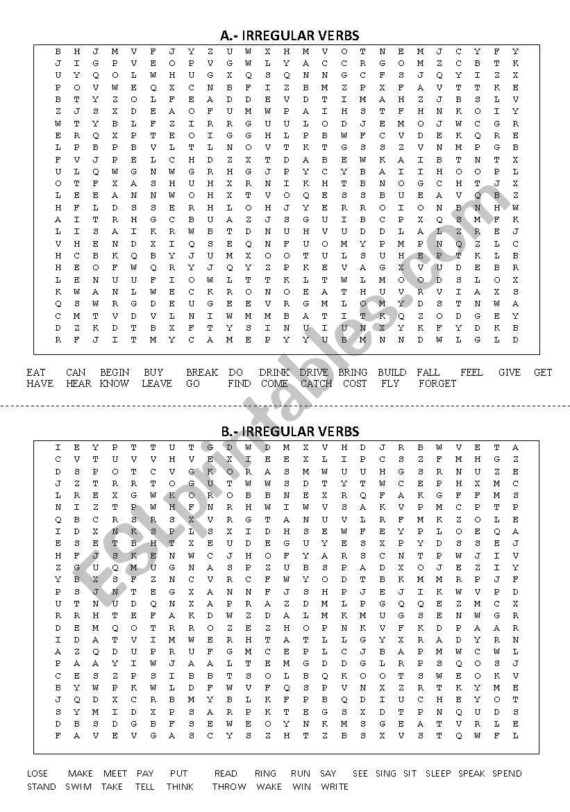 Wordsearch irregular verb worksheet