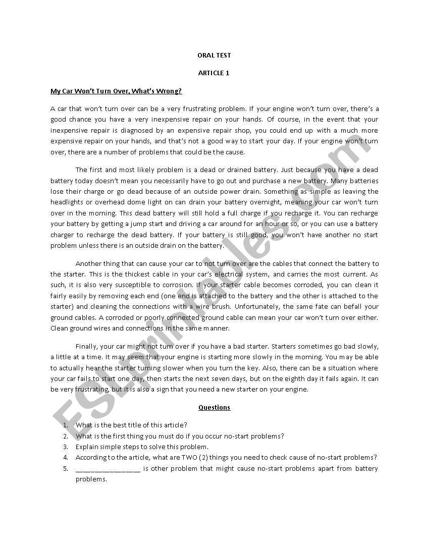 Oral Test worksheet
