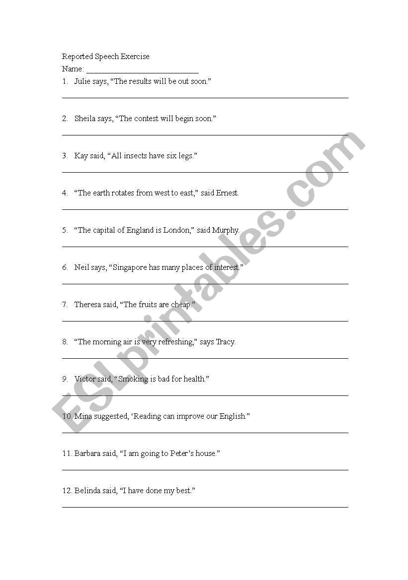 Reported Speech worksheet